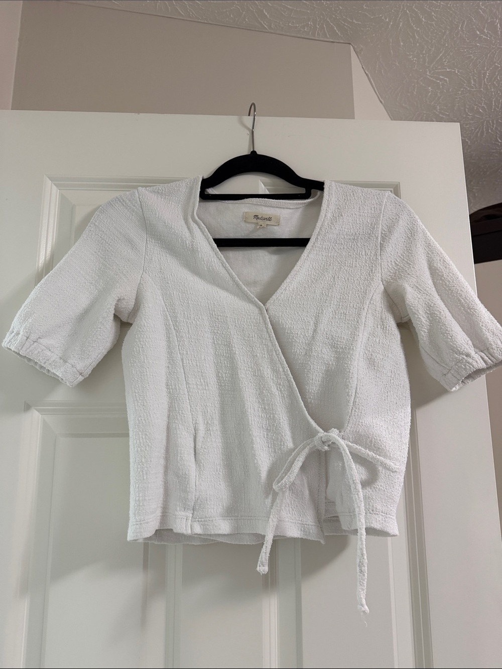 Madewell White Textured Wrap Top with Front Tie